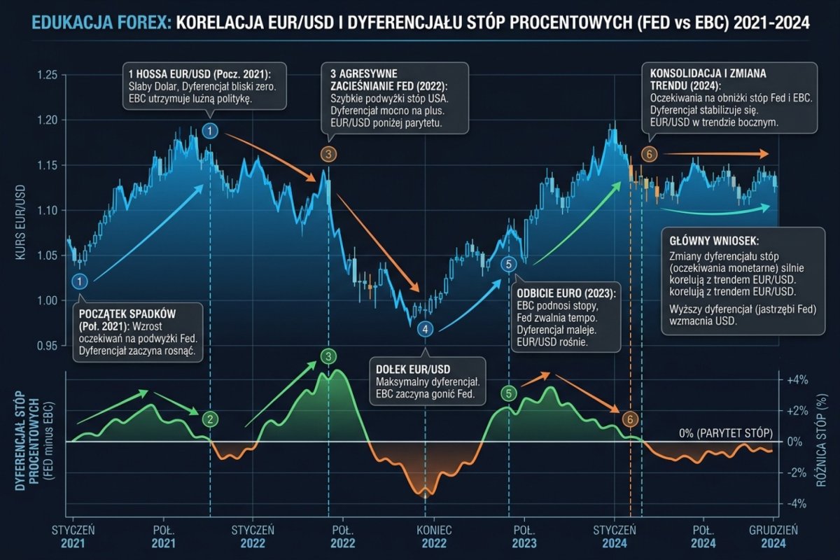 Wykres tygodniowy EUR/USD 2021-2024 z naniesionym dyferencjałem stóp Fed vs ECB i zaznaczonymi punktami zwrotnymi — korelacja między zmianami oczekiwań monetarnych a kierunkiem pary