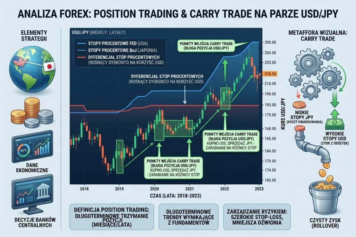Position trading i carry trade na rynku Forex — wykres tygodniowy USD/JPY z naniesionymi dyferencjałami stóp procentowych Fed vs BoJ i zaznaczonymi punktami wejścia carry trade