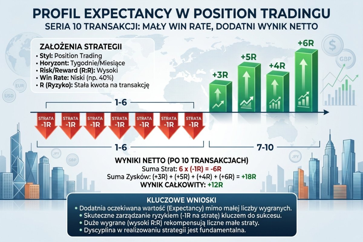 Profil expectancy position tradingu — seria 10 transakcji: 6 małych strat (-1R każda) i 4 wygrane (+3R do +6R) dające dodatni wynik netto mimo niskiego win rate