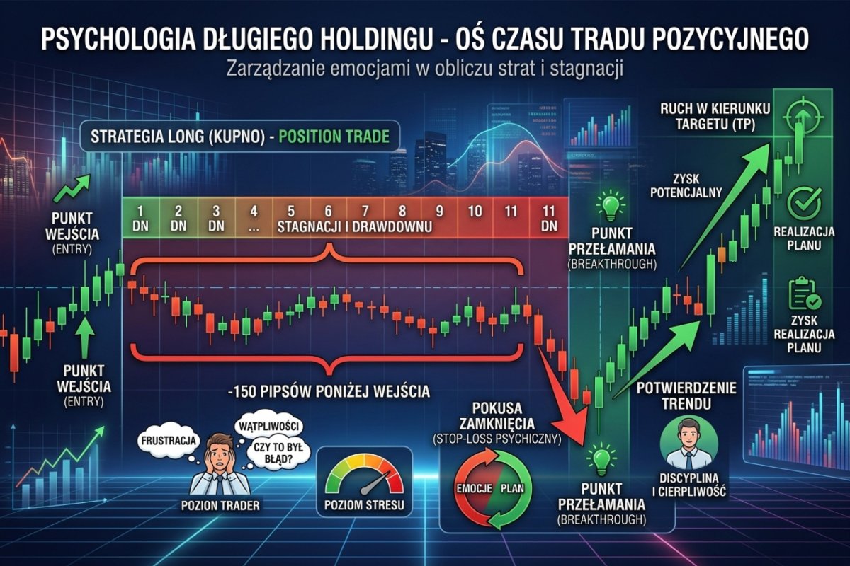 Psychologia długiego holdingu — oś czasu position trade: entry, 11 dni stagnacji z drawdownem -150 pipsów, pokusa zamknięcia, punkt przełamania i ruch w kierunku targetu