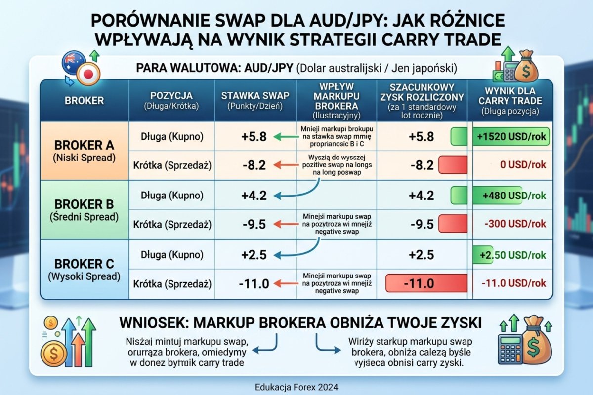 Tabela porównawcza: swap u trzech różnych brokerów na tej samej parze AUD/JPY — różnice w stawkach pokazujące markup brokera i wpływ na wynik carry trade