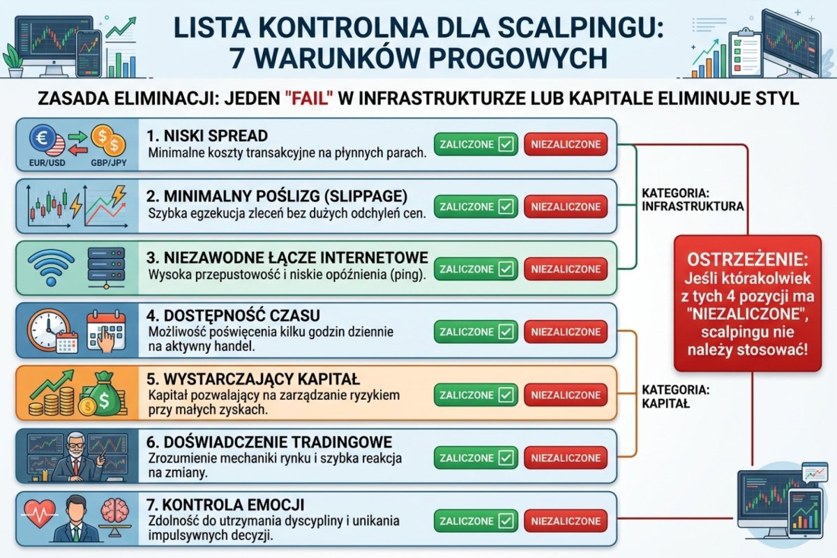 Checklist eliminacyjny scalpingu — siedem warunków progowych (spread, slippage, łącze, czas, kapitał, doświadczenie, kontrola emocji) z oznaczeniem pass/fail i progiem: jeden fail w kategorii infrastruktura lub kapitał eliminuje styl