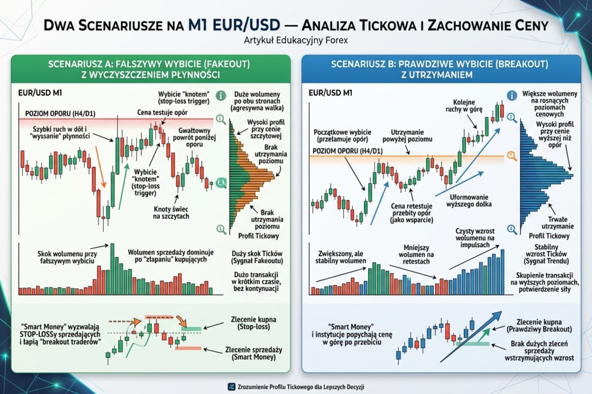 Dwa scenariusze na M1 EUR/USD — fakeout z liquidity sweep vs prawdziwy breakout z utrzymaniem: różnica w profilu tickowym i zachowaniu ceny
