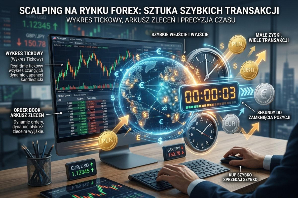 Scalping na rynku Forex — arkusz zleceń, wykres tickowy i zegarek odmierzający sekundy do zamknięcia pozycji