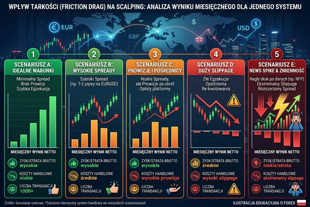 Friction drag w scalpingu — cztery scenariusze kosztów plus news spike: wpływ na miesięczny wynik netto przy identycznym systemie