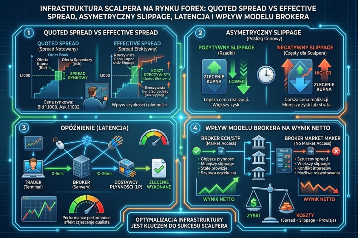 Infrastruktura scalpera — quoted spread vs effective spread, asymetryczny slippage, latencja i wpływ modelu brokera na wynik netto