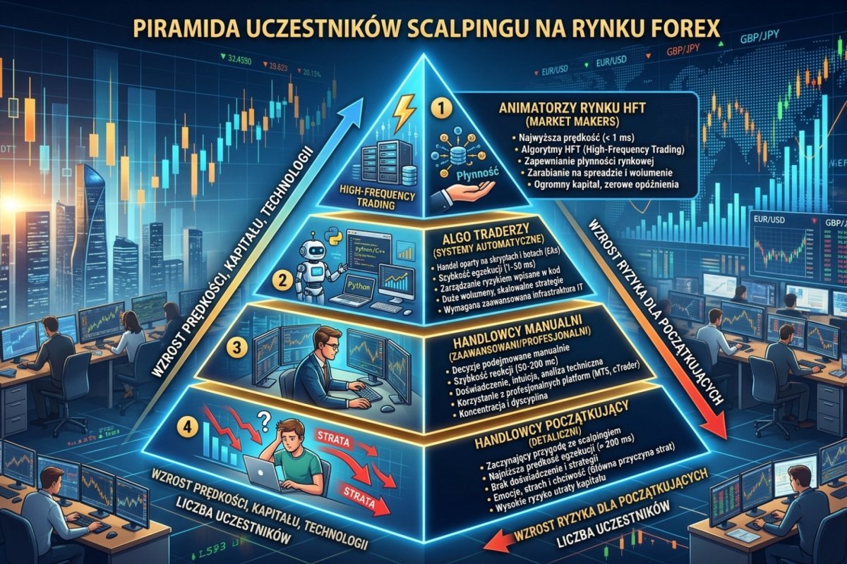 Piramida uczestników scalpingu — od HFT market makerów przez algo traderów po manualistów i początkujących