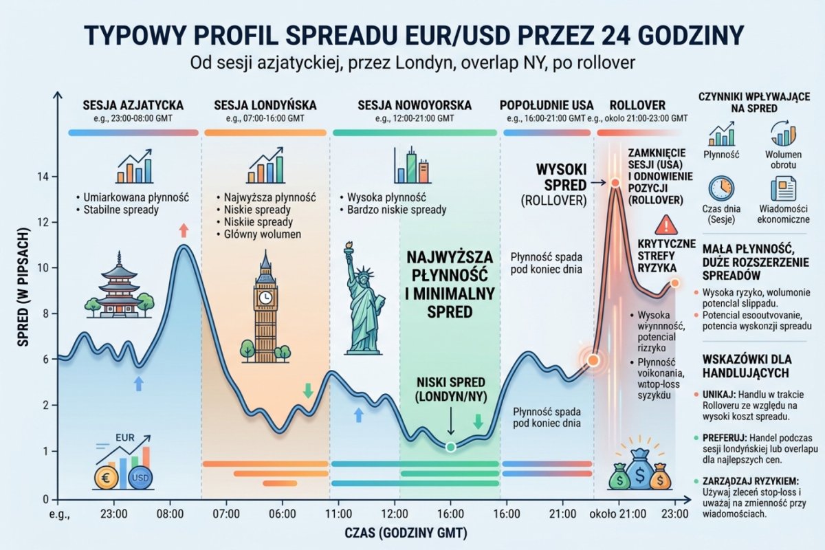 Typowy profil spreadu EUR/USD przez 24 godziny — od sesji azjatyckiej przez Londyn, overlap NY, po rollover z zaznaczonymi oknami handlowymi i strefami ryzyka
