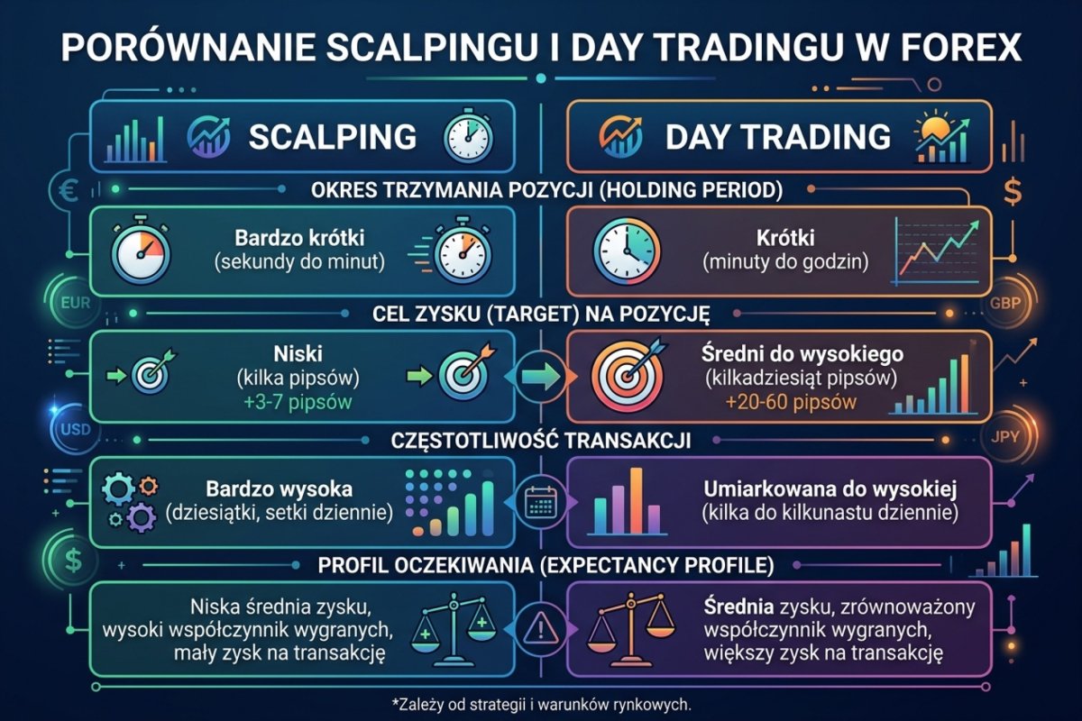 Porównanie parametrów operacyjnych scalpingu i day tradingu — holding period, target, częstotliwość, profil expectancy