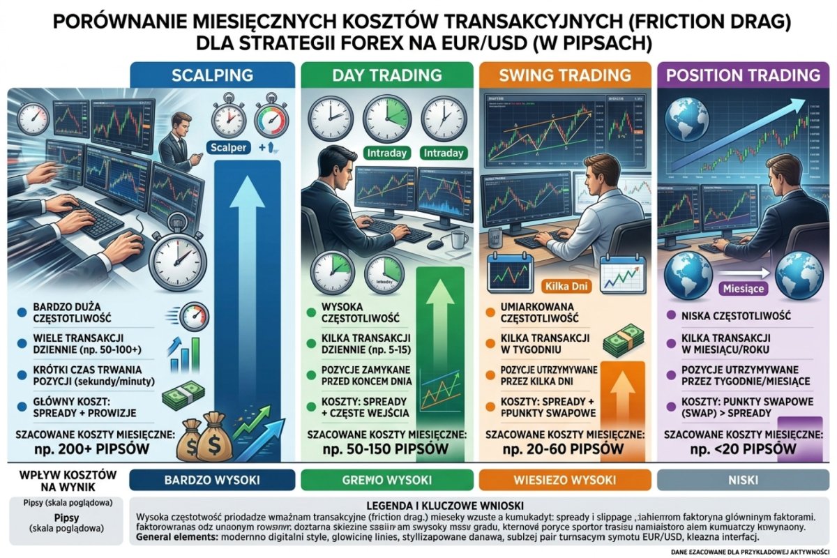 Porównanie kosztów transakcyjnych (friction drag) w pipsach miesięcznie: scalping vs day trading vs swing vs position trading na EUR/USD