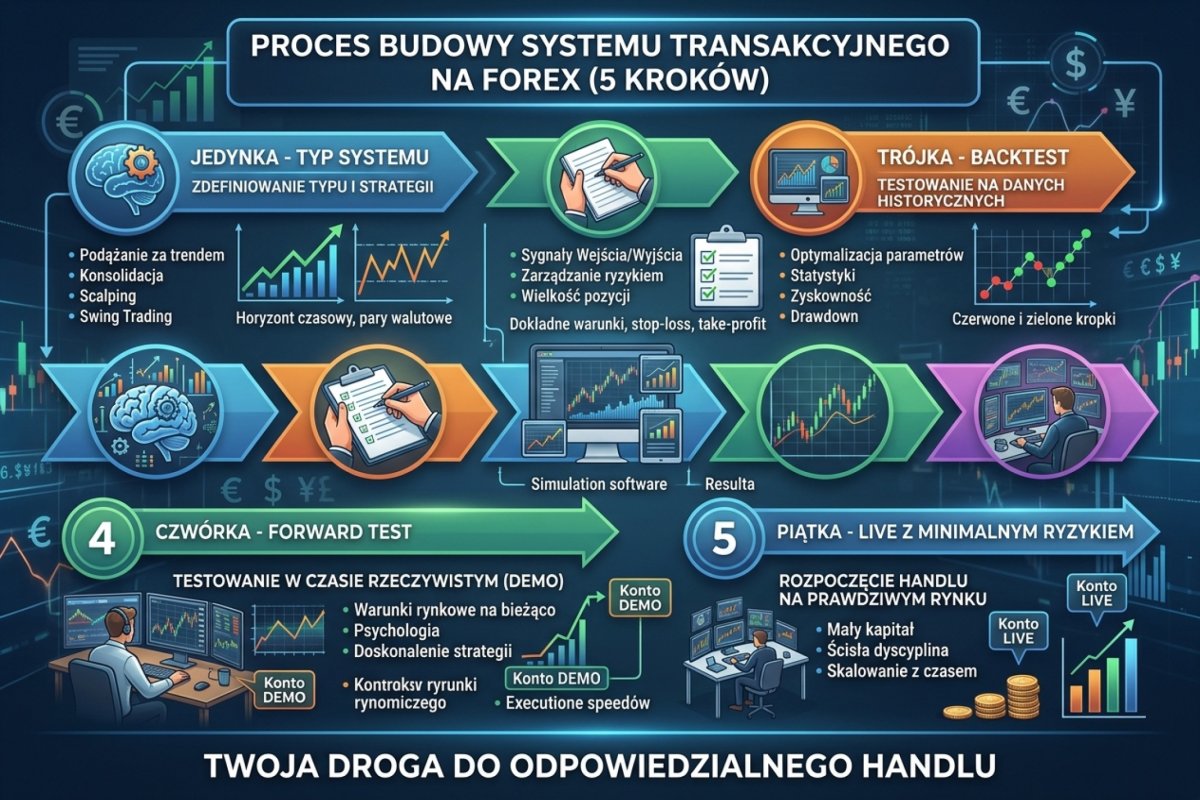 Proces budowy systemu transakcyjnego w 5 krokach: typ systemu → pisemne reguły → backtest → forward test → live z minimalnym ryzykiem
