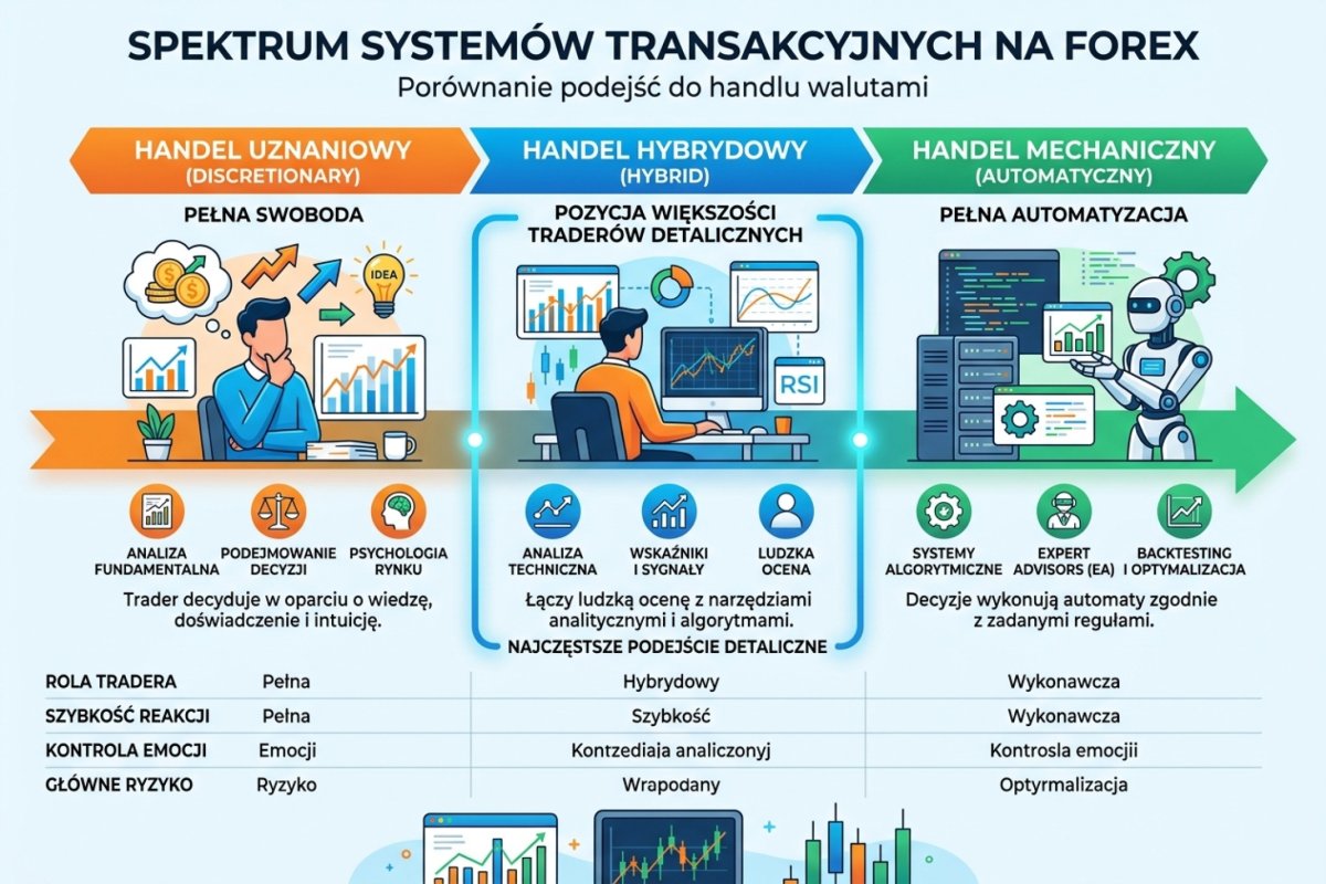 Spektrum systemów transakcyjnych: od pełnej swobody (discretionary) przez hybrid do pełnej automatyzacji (mechanical) — pozycja większości traderów detalicznych