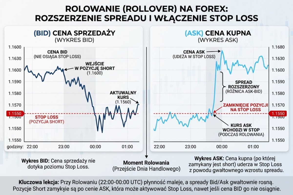 Bid/Ask przy rolloverze — wykres Bid nie dochodzi do SL, ale Ask (po którym zamykany jest short) uderza w stop: dwa panele — Bid vs Ask w momencie rozszerzenia spreadu