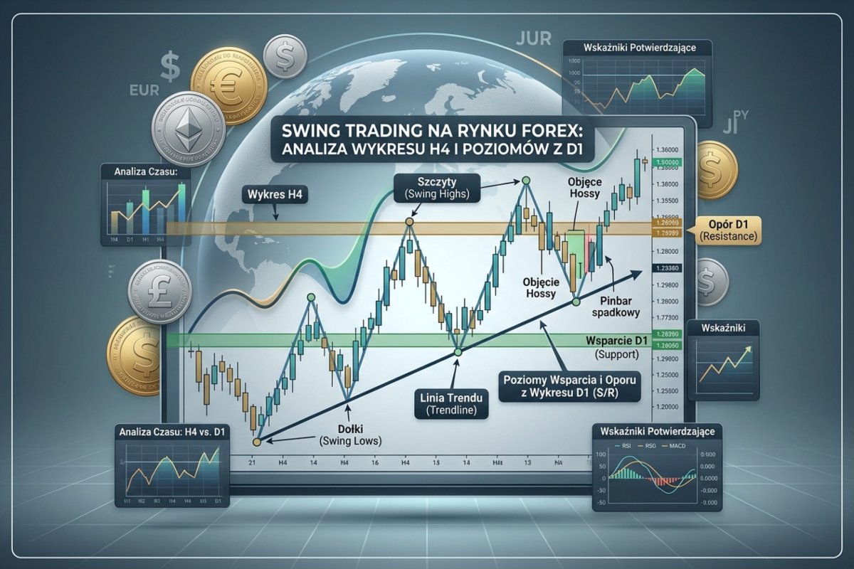 Swing trading na rynku Forex — wykres H4 z zaznaczonymi swing highs i lows, trendline i poziomy S/R z D1