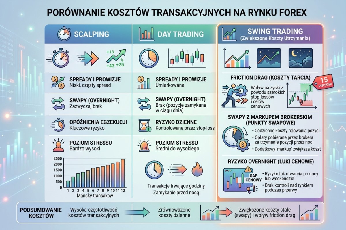 Koszty swing tradingu — friction drag 15 pipsów, swapy z markupem brokerskim, ryzyko overnight: porównanie z day tradingiem i scalpingiem
