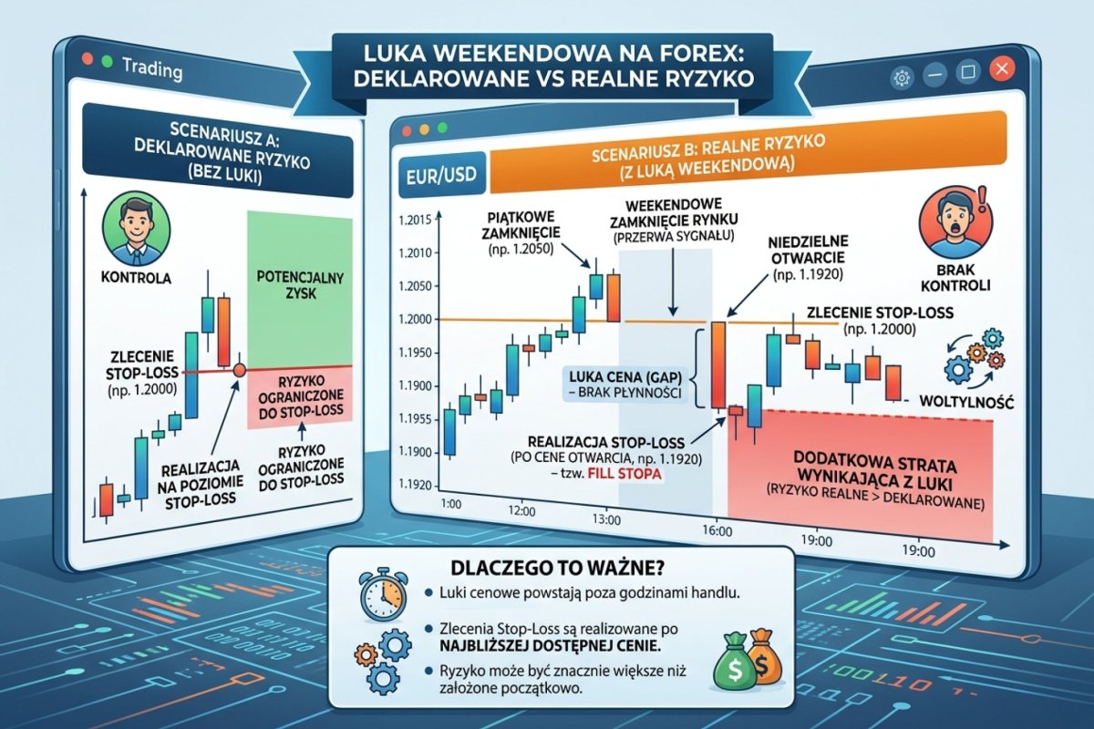 Luka weekendowa — piątkowe zamknięcie, niedzielne otwarcie z gapem i fill stopa: różnica między deklarowanym a realnym ryzykiem