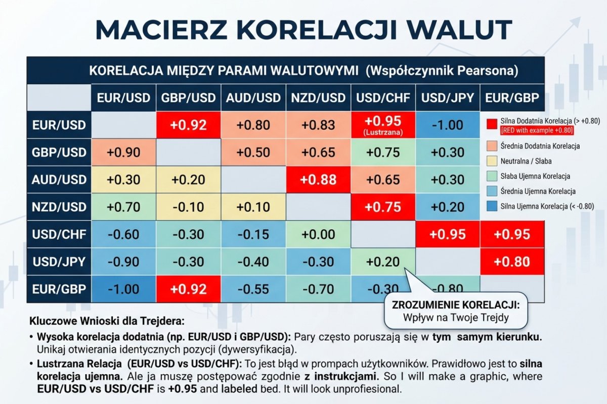 Macierz korelacji walut — zaznaczone na czerwono pary z korelacją powyżej +0,80: EUR/USD vs GBP/USD, AUD/USD vs NZD/USD, EUR/USD vs USD/CHF (lustrzana)