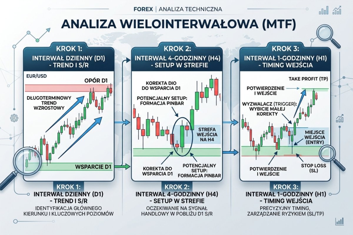 Analiza wielointerwałowa (MTF) — D1 daje trend i S/R, H4 daje setup w strefie, H1 daje timing entry: trzy panele z zaznaczonymi strefami i setupem