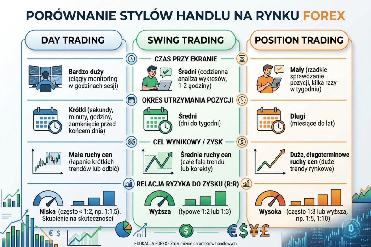 Porównanie parametrów swing tradingu z day tradingiem i position tradingiem — holding period, target, R:R, czas przy ekranie