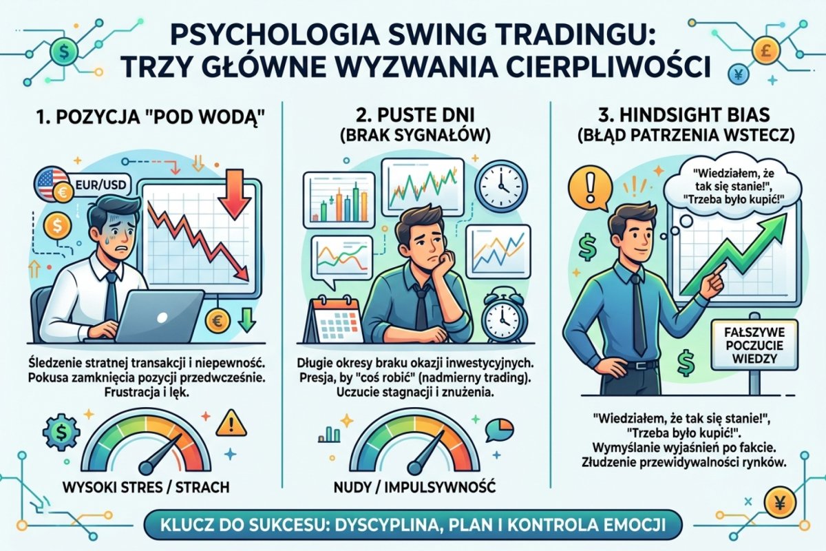 Psychologia swing tradingu — pozycja pod wodą, puste dni, hindsight bias: trzy główne wyzwania cierpliwości