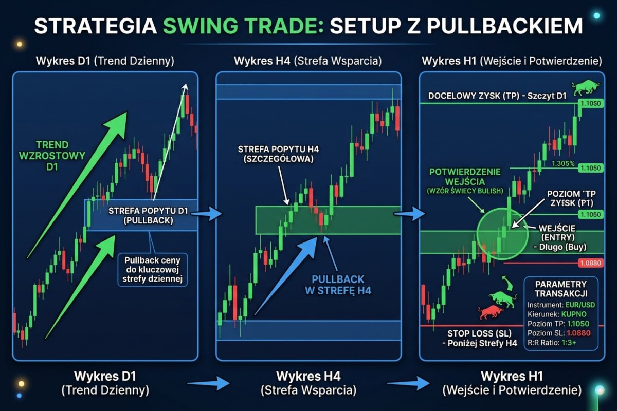 Setup swingowy — pullback do strefy D1 z entry na H1: trend D1, strefa H4, potwierdzenie H1 z zaznaczonymi SL i TP