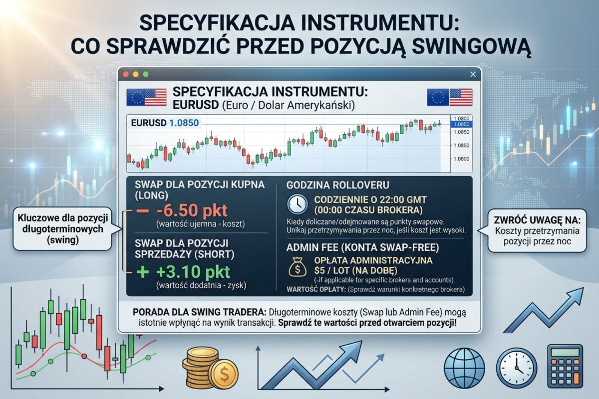 Screen specyfikacji instrumentu u brokera — swap long, swap short, godzina rolloveru, admin fee na koncie swap-free: co sprawdzić przed otwarciem pozycji swingowej