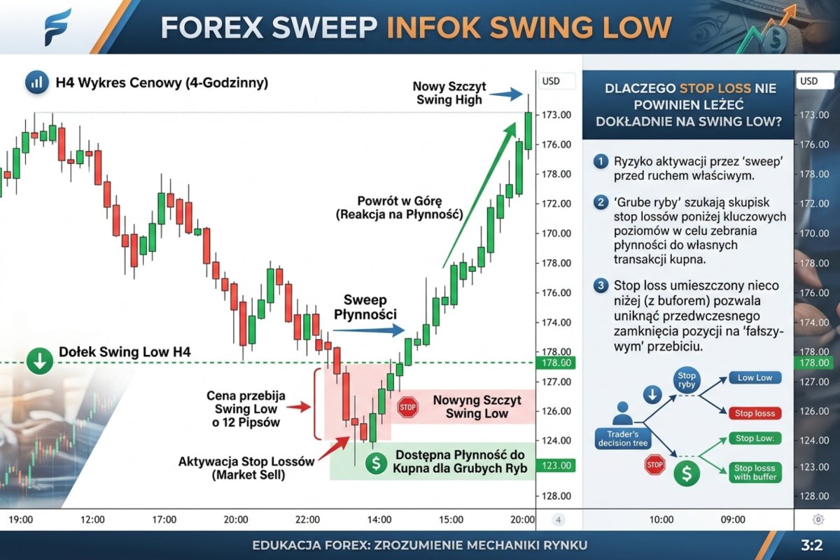 Sweep swing low — cena przebija swing low H4 o 12 pipsów, aktywuje stopy (market sell → płynność do kupna), wraca w górę: dlaczego stop NIE powinien leżeć dokładnie na swing low