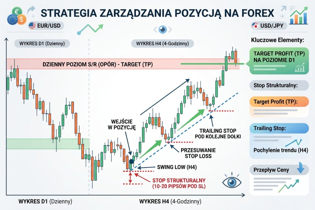 Zarządzanie pozycją — stop strukturalny 10–20 pipsów pod swing low H4, TP na S/R z D1, trailing stop z przesuwaniem pod kolejne dołki