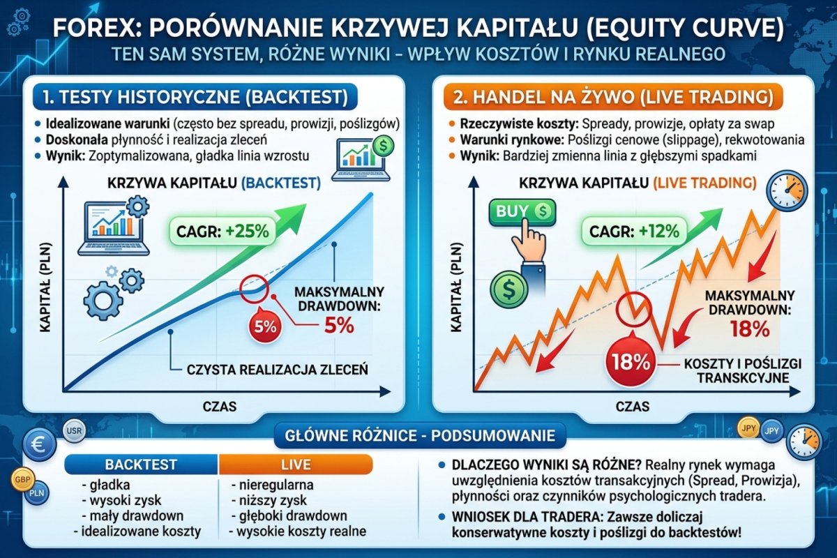 Porównanie equity curve z backtesta (gładka, rosnąca) i equity curve z live tradingu (z głębszymi drawdownami i niższym CAGR) — ten sam system, różne koszty
