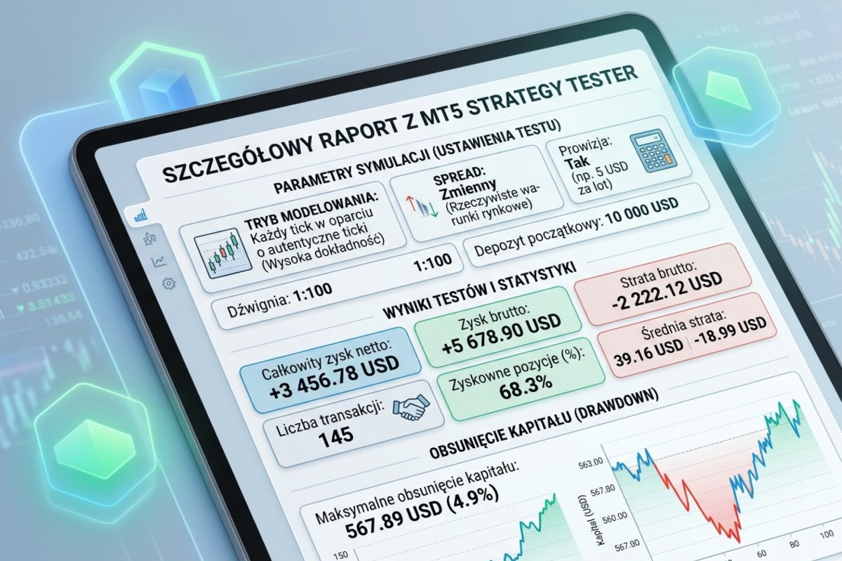 Raport z MT5 Strategy Tester — ustawienie Every tick based on real ticks, prowizja, spread zmienny, fragment raportu z DD, liczbą transakcji i parametrami testu