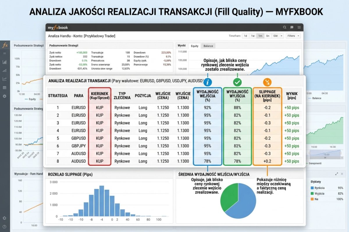 MyFxBook Trade Analysis — kolumna entry efficiency, exit efficiency, slippage per direction: przykładowy screenshot z analizy fill quality