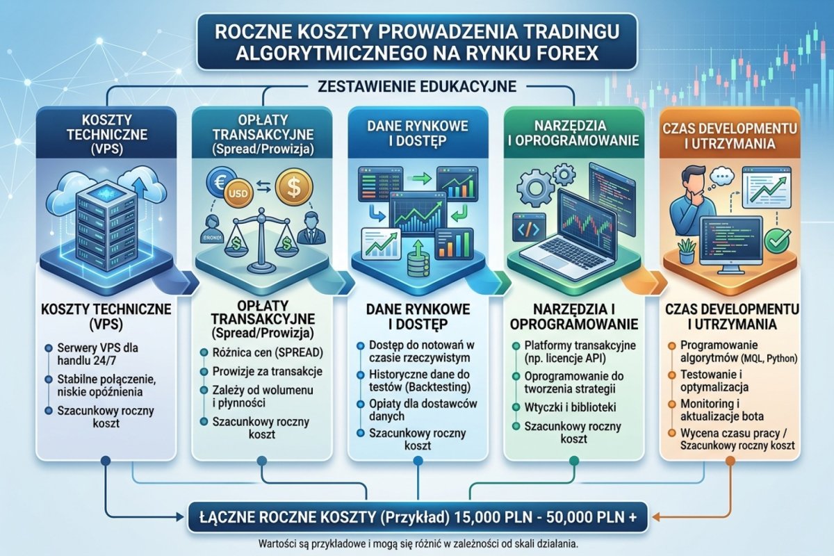 Koszty prowadzenia tradingu algorytmicznego — VPS, dane, narzędzia, spread/prowizja, czas developmentu: roczne zestawienie
