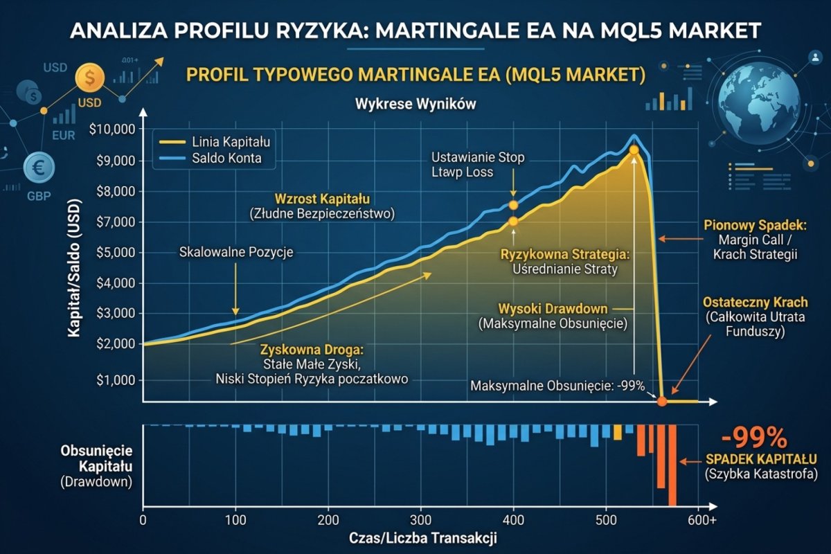 MQL5 Market — profil typowego martingale EA: łagodnie rosnąca linia kapitału kończąca się pionową krechą w dół (–99%)