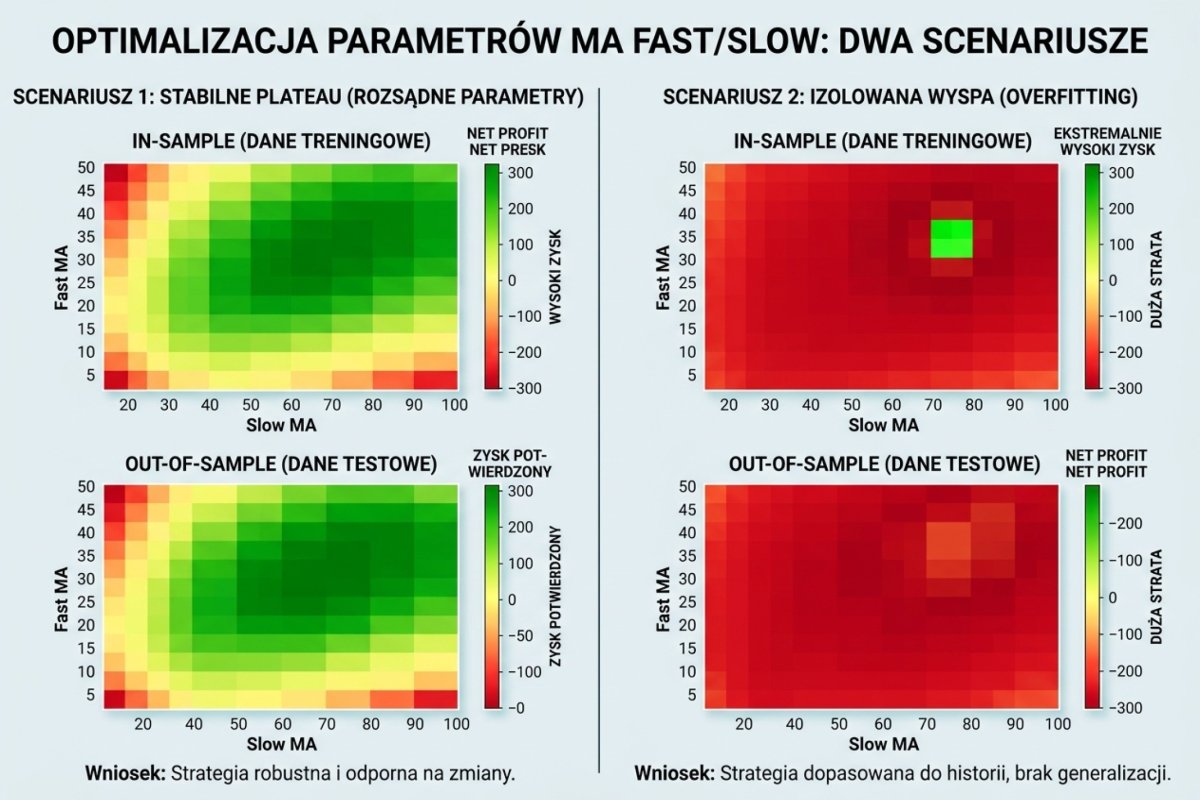 Heatmapa optymalizacji parametrów MA fast/slow — stabilne plateau (rozsądne parametry) vs izolowana wyspa rentowności (overfitting): porównanie In-Sample i Out-of-Sample