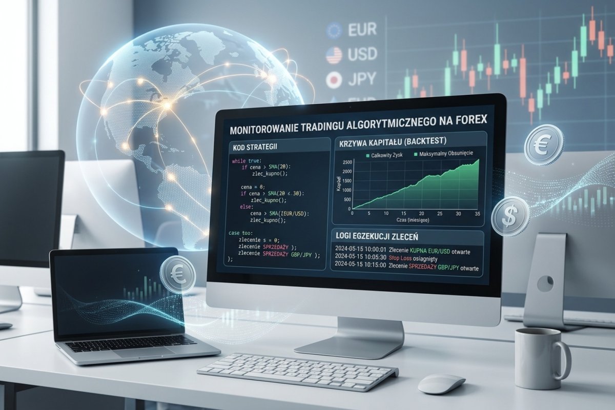 Trading algorytmiczny na Forex — monitor z kodem strategii, wykresem backtestowym equity curve i logami egzekucji zleceń
