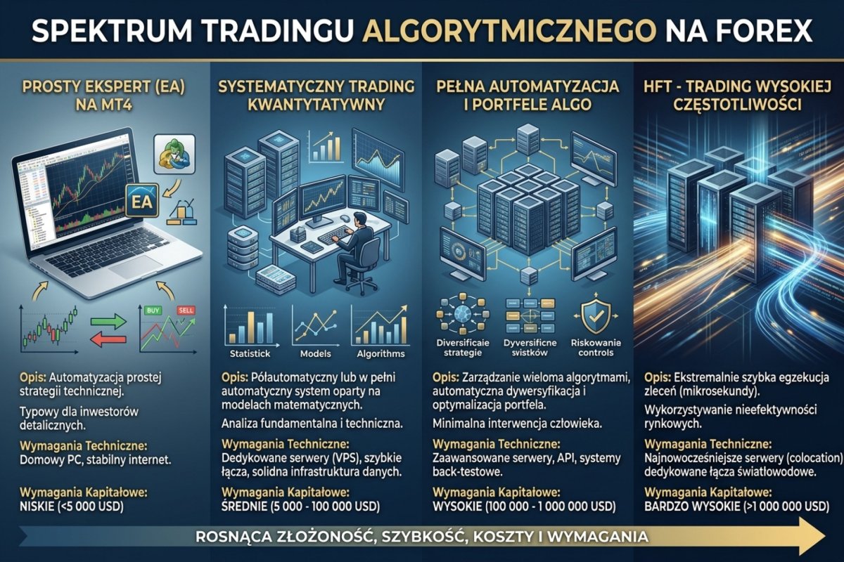 Spectrum tradingu algorytmicznego — od prostego EA na MT4 przez system systematyczny po pełną automatyzację i HFT, z zaznaczeniem wymagań kapitałowych i technicznych