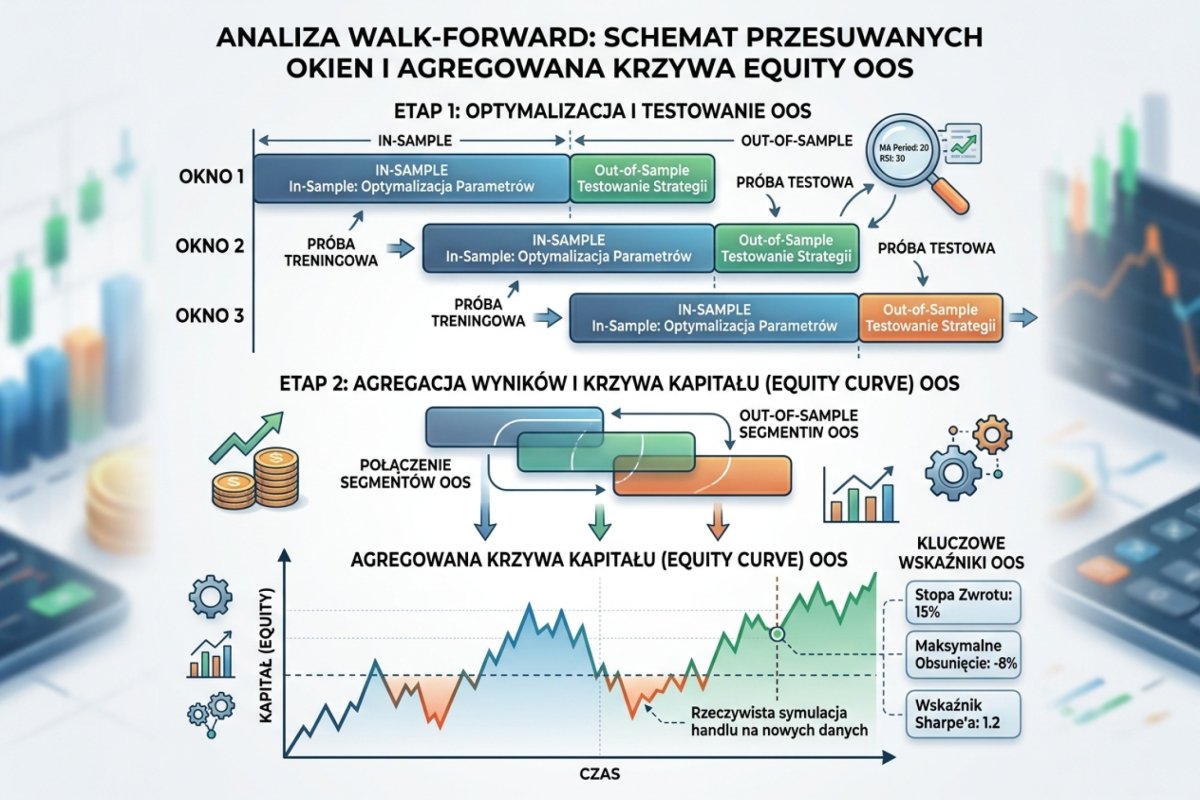 Walk-forward analysis — schemat przesuwanych okien In-Sample i Out-of-Sample z agregowaną equity curve OOS
