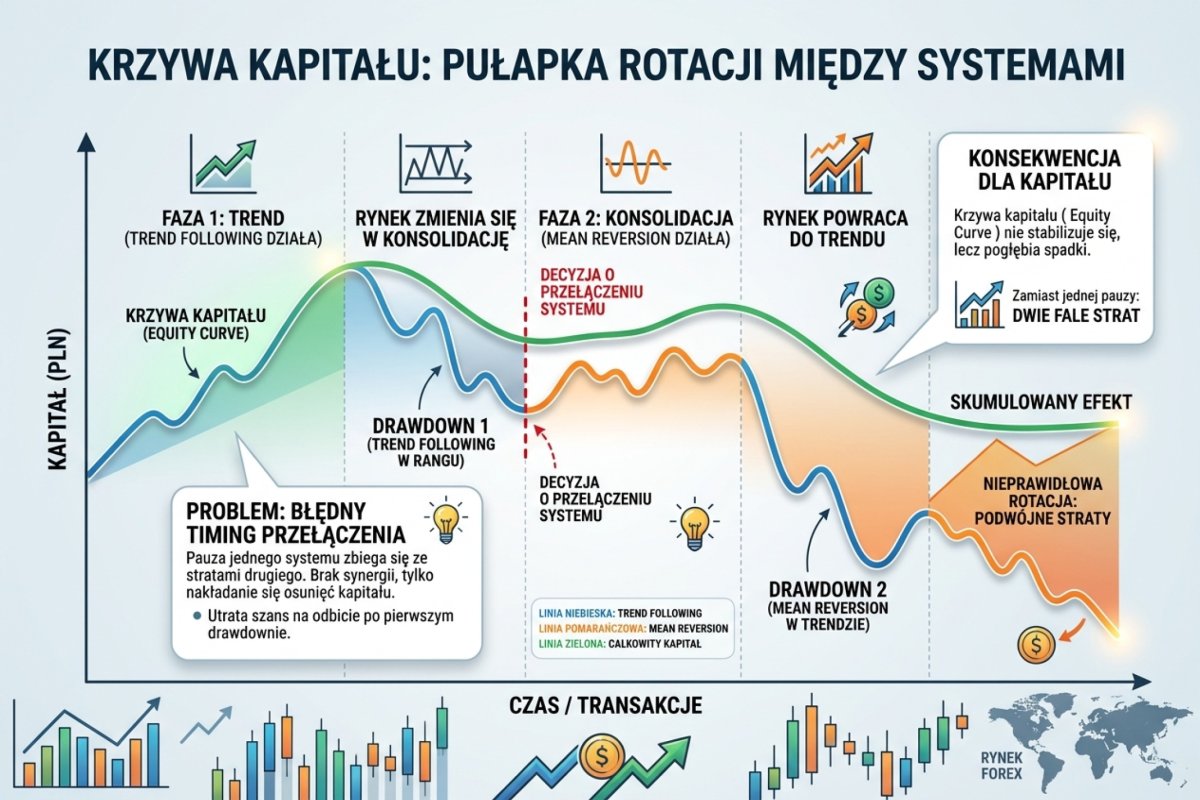 Equity curve tradera rotujacego miedzy systemami — drawdown z trend followingu w zakresie, przelaczenie na mean reversion, drawdown z mean reversion w trendzie: podwojne straty zamiast jednego pauzy