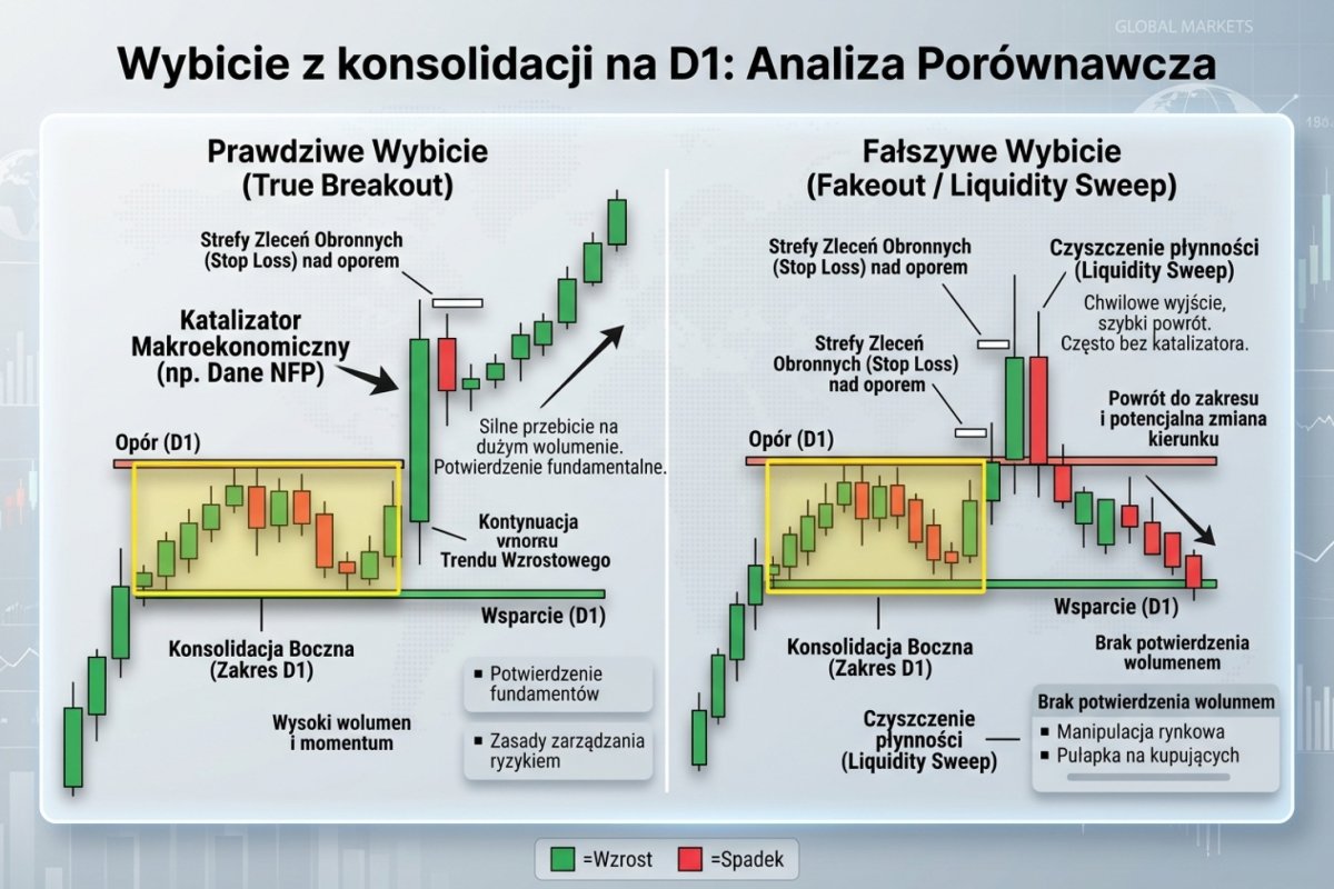 Breakout z konsolidacji na D1 — prawdziwy breakout z katalizatorem makro i kontynuacją vs fakeout (liquidity sweep) z szybkim powrotem do zakresu, zaznaczone strefy zleceń obronnych nad oporem