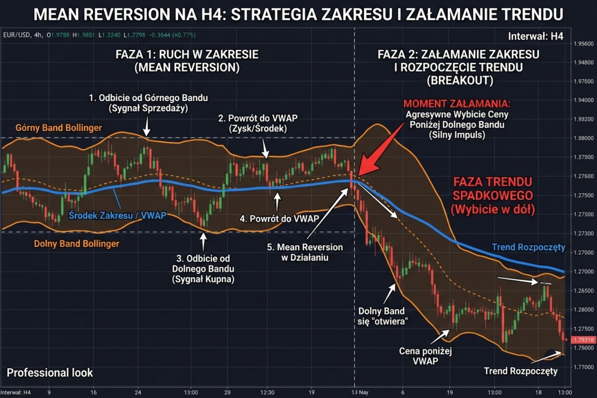 Mean reversion na H4 w zakresie — odbicia od granic Bollinger Bands i powroty do VWAP w środku zakresu, z zaznaczonym momentem załamania, gdy zakres przechodzi w trend