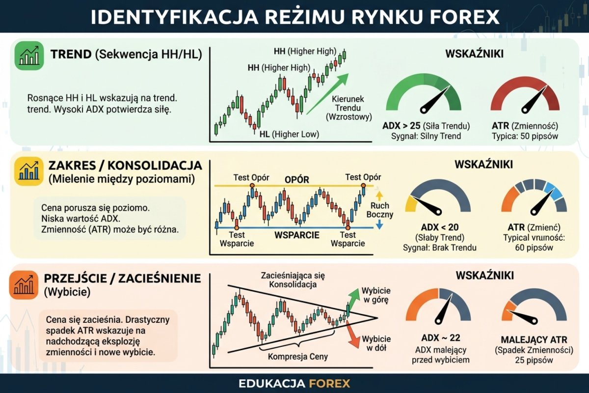 Identyfikacja reżimu rynku — trend (sekwencja HH/HL), zakres (mielenie między poziomami) i przejście (zacieśniająca się konsolidacja z malejącym ATR) z konkretnymi wartościami ADX i ATR