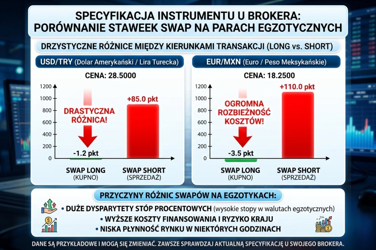 Specyfikacja instrumentu u brokera — porównanie swap long i swap short na parach egzotycznych, zaznaczone na czerwono drastyczne różnice między kierunkami