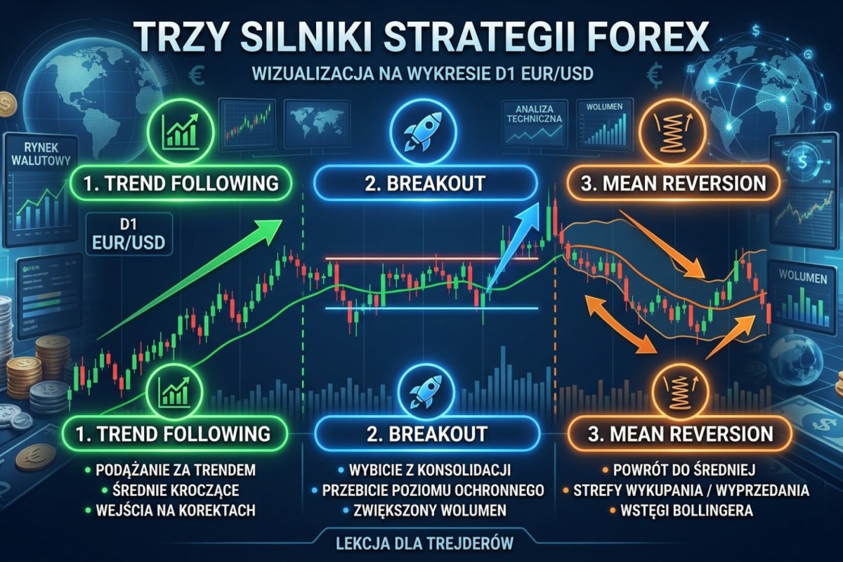 Trzy silniki strategii Forex — trend following, breakout i mean reversion na jednym wykresie D1 EUR/USD z zaznaczonymi strefami trendu, wybicia i powrotu do średniej