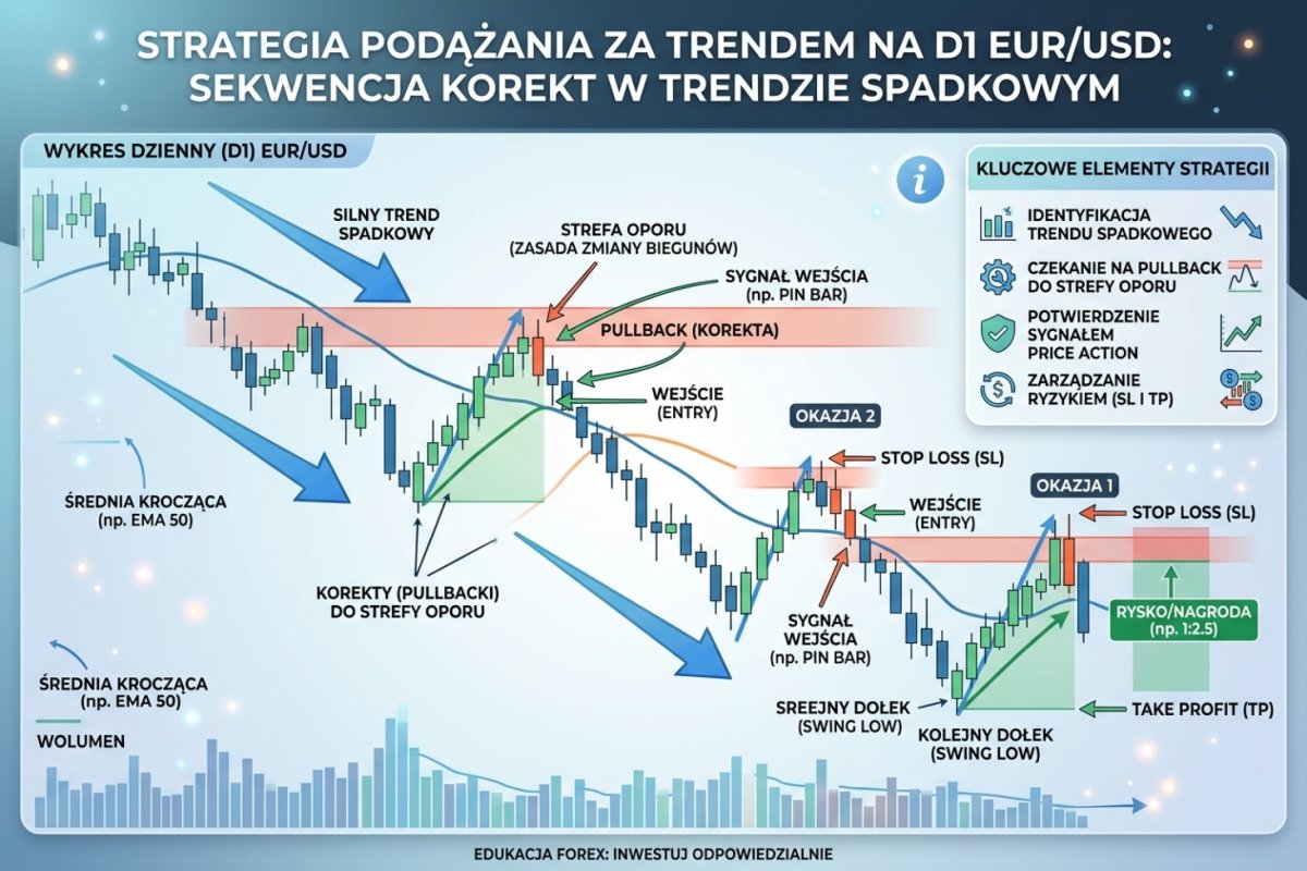 Trend following na D1 EUR/USD — sekwencja pullbacków do strefy w trendzie spadkowym z zaznaczonymi entry, SL i TP na kolejnych swing lows