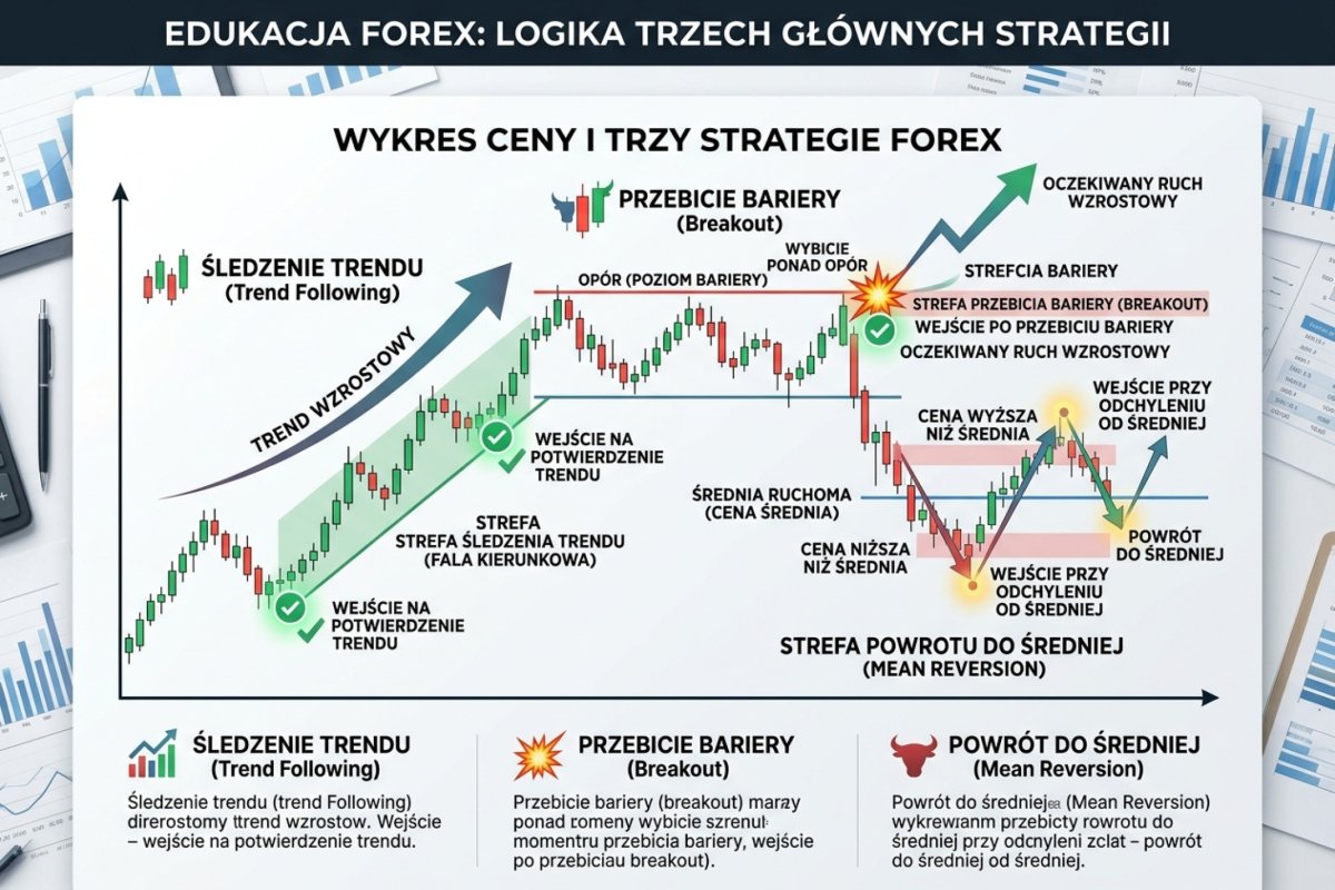 Trzy logiki strategii Forex — trend following (fala kierunkowa), breakout (przebicie bariery) i mean reversion (powrót do średniej) na jednym wykresie z zaznaczonymi strefami
