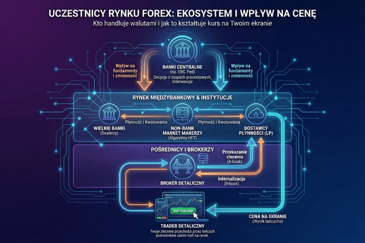 Uczestnicy rynku Forex — banki centralne, interbank, prime brokerzy, instytucje, HFT, traderzy detaliczni