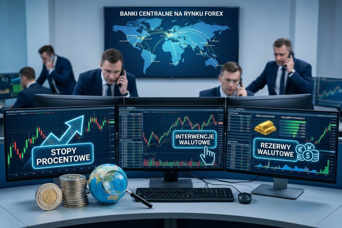Banki centralne na rynku Forex — stopy procentowe, interwencje walutowe i rezerwy: sala operacyjna banku centralnego z monitorami kursów walut