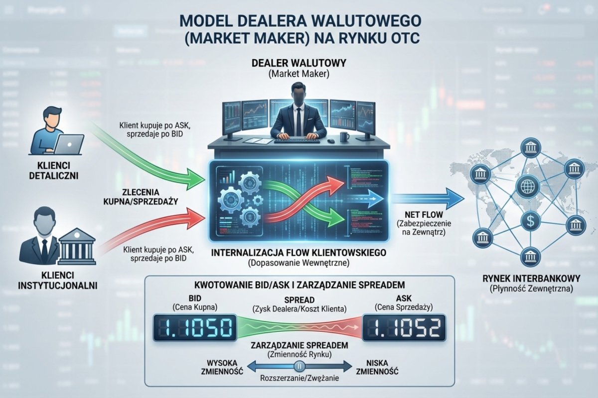 Dealer walutowy na rynku OTC — kwotowanie bid/ask, zarządzanie spreadem i internalizacja flow klientowskiego