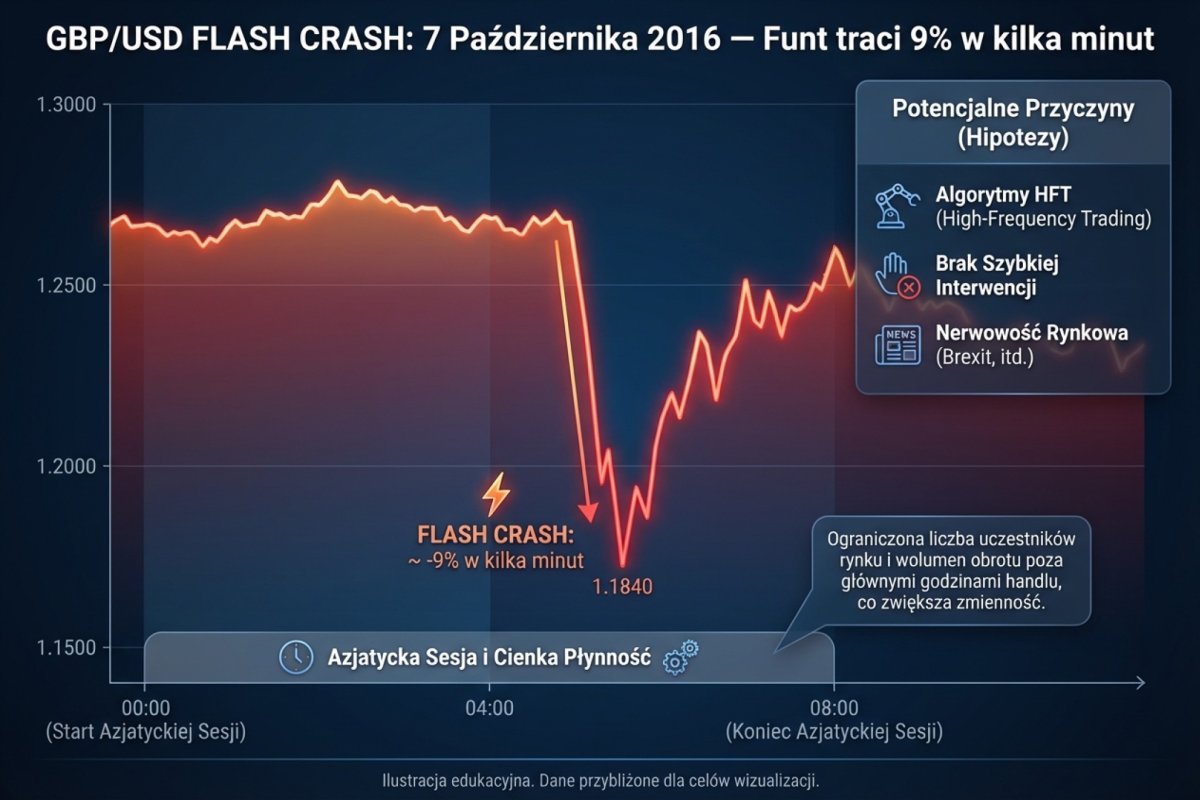 GBP/USD flash crash 7 października 2016 — funt traci 9% w kilka minut podczas sesji azjatyckiej przy cienkiej płynności
