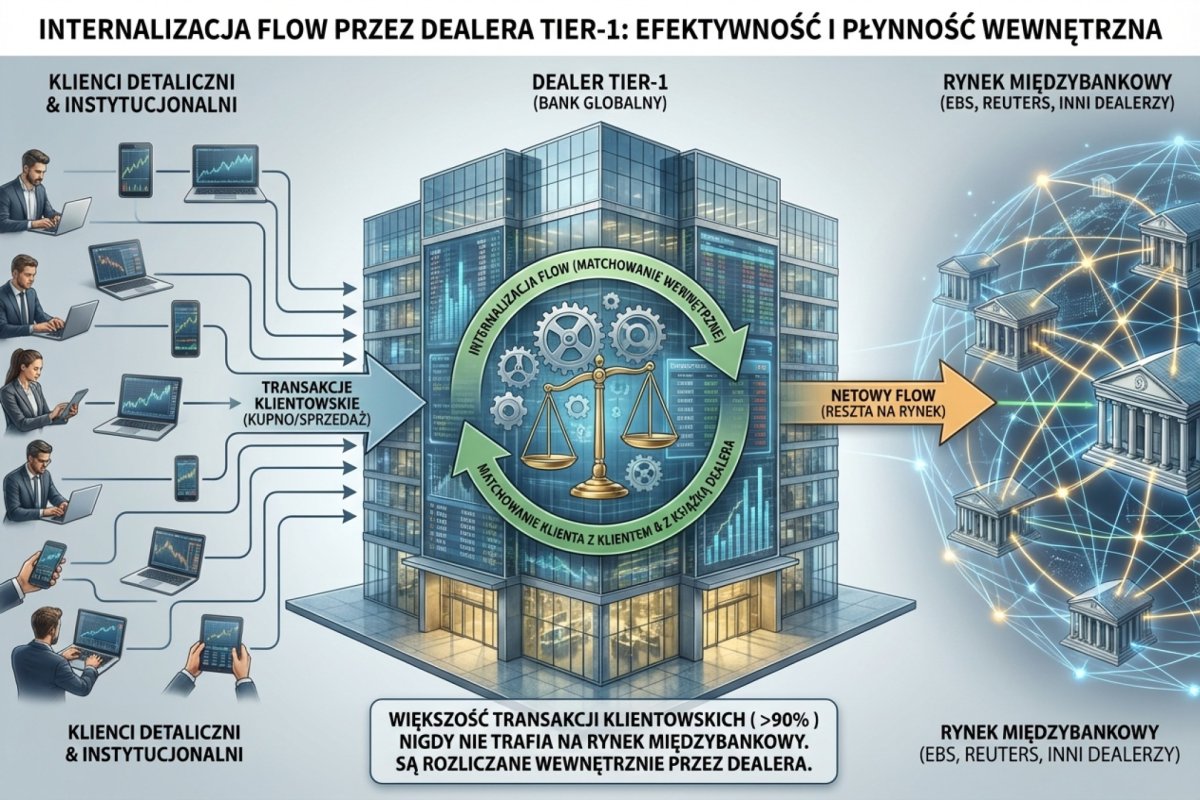 Internalizacja flow przez dealera Tier-1 — większość transakcji klientowskich nigdy nie trafia na rynek międzybankowy